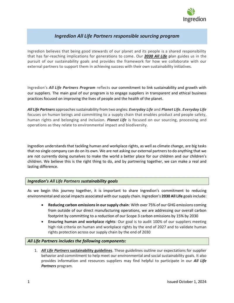 Ingredion All Life Partners Responsible Sourcing Program