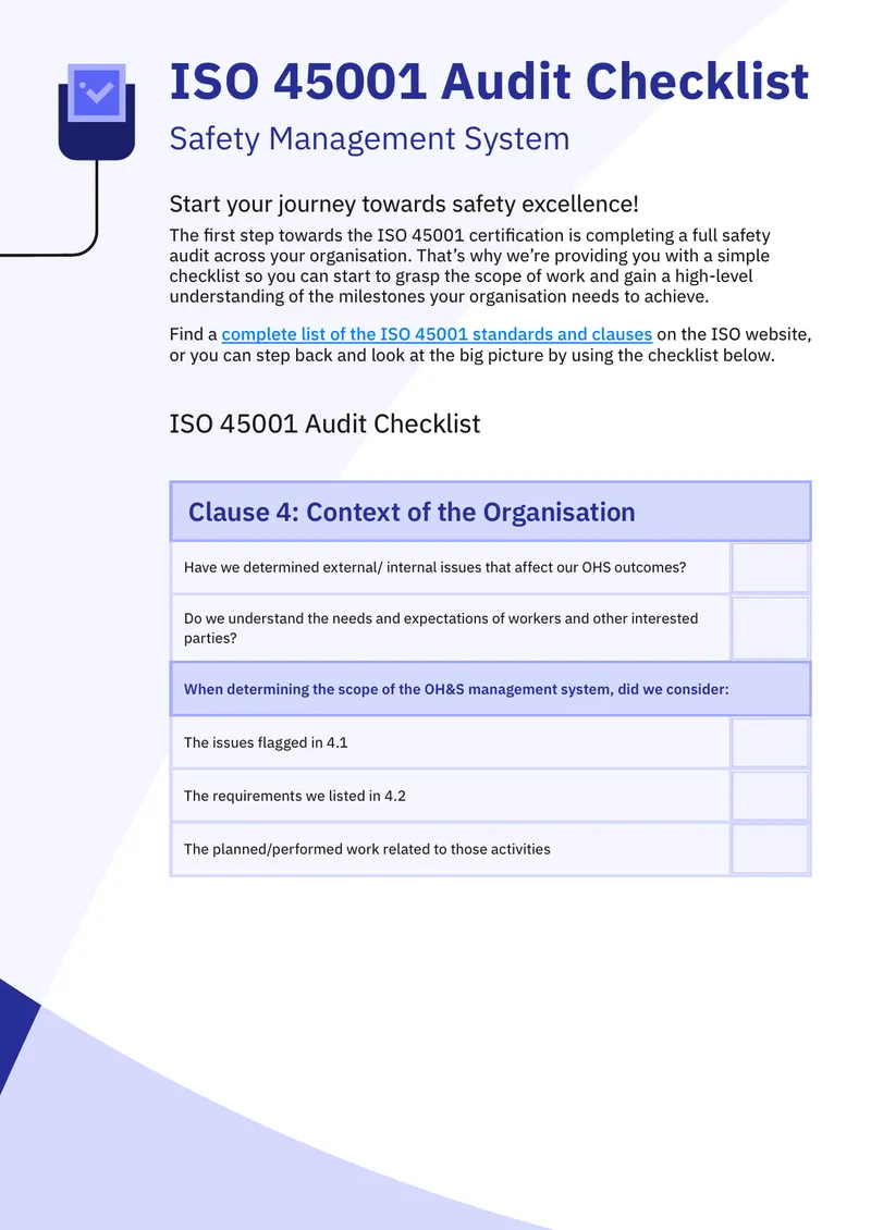 ISO 45001 Audit Checklist for Safety Management