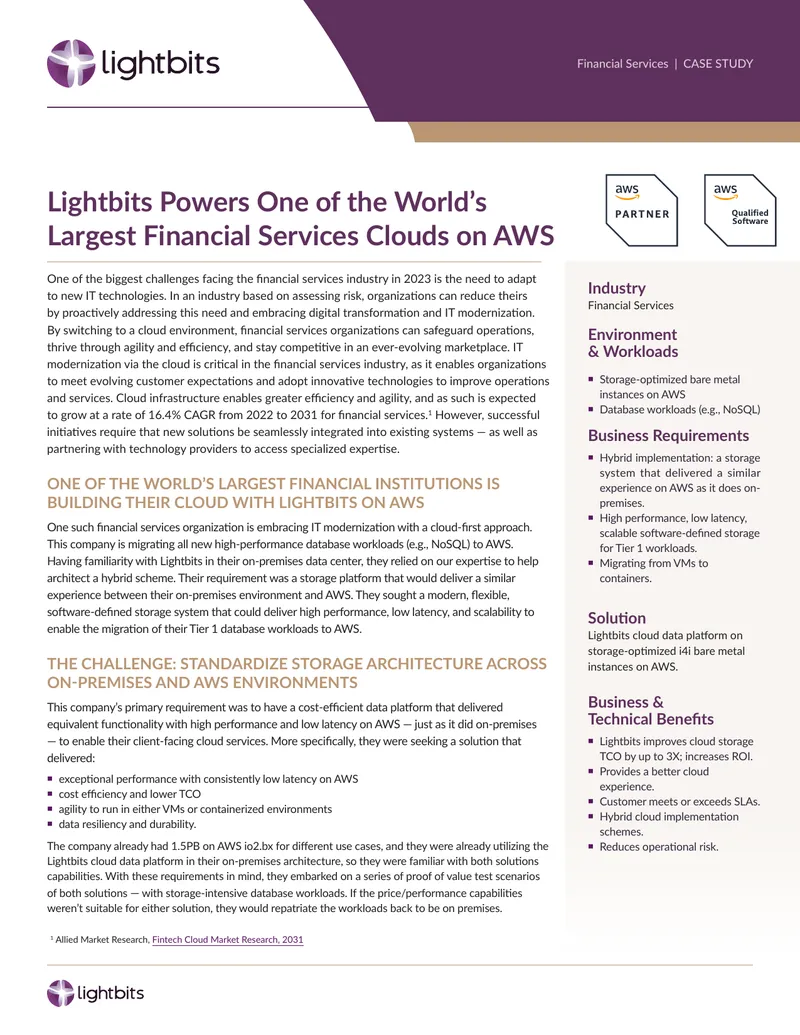 Lightbits Cloud Data Platform Implementation in Financial Services