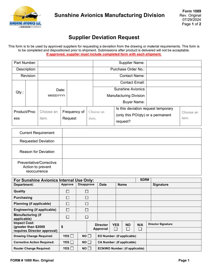 Supplier Deviation Request Form Instructions