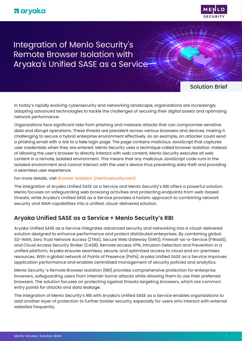 Integration of Aryaka Unified SASE and Menlo Security RBI