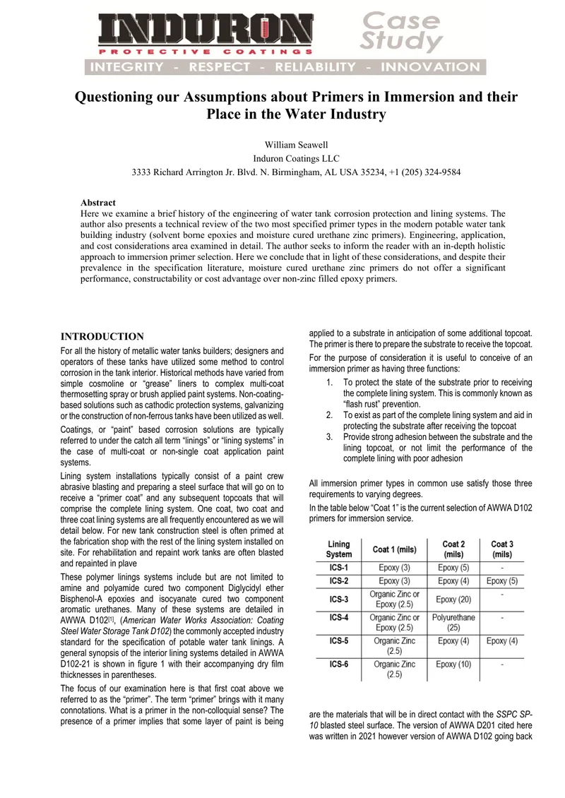 Analysis of Immersion Primers in Water Tank Coatings