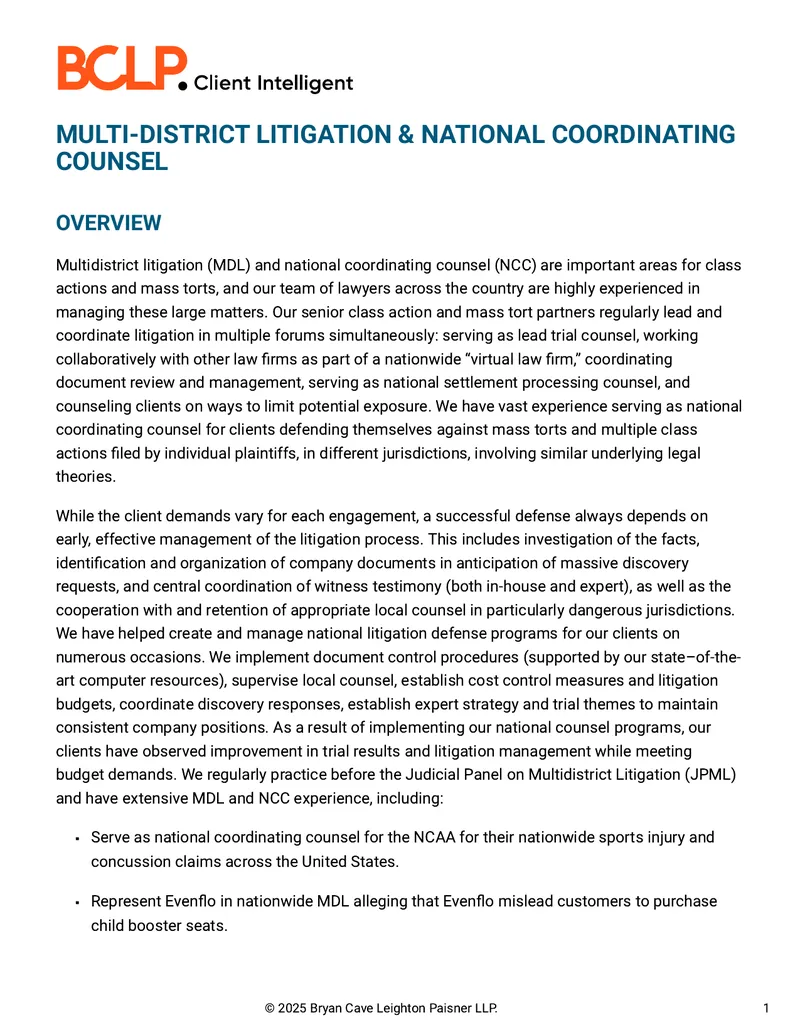 Multidistrict Litigation and National Coordinating Counsel Overview