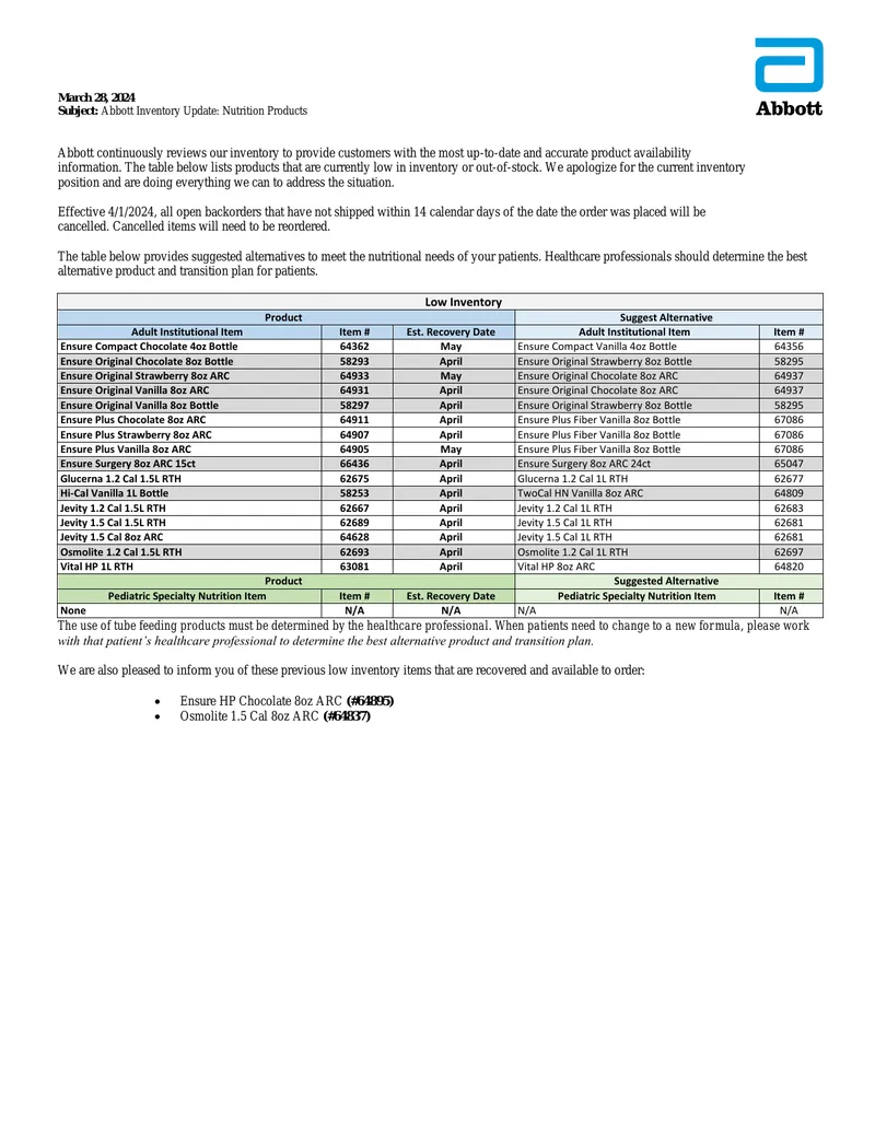 Abbott Inventory Update for Nutrition Products
