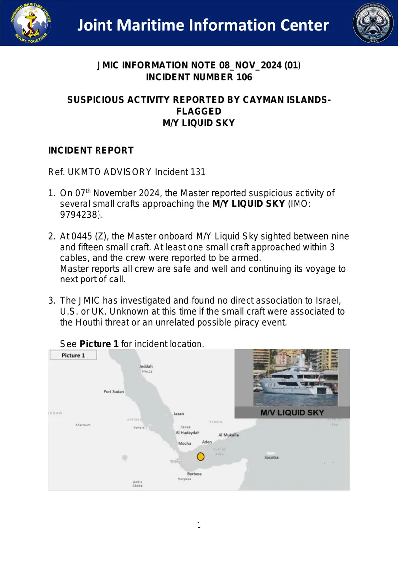 Incident Report on Suspicious Activity Near M/Y Liquid Sky