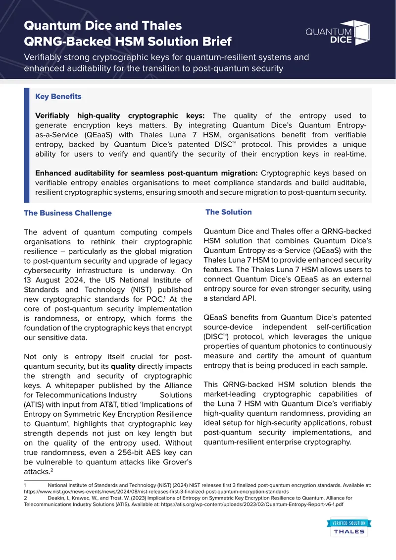 Quantum Dice and Thales QRNG-Backed HSM Solution Brief