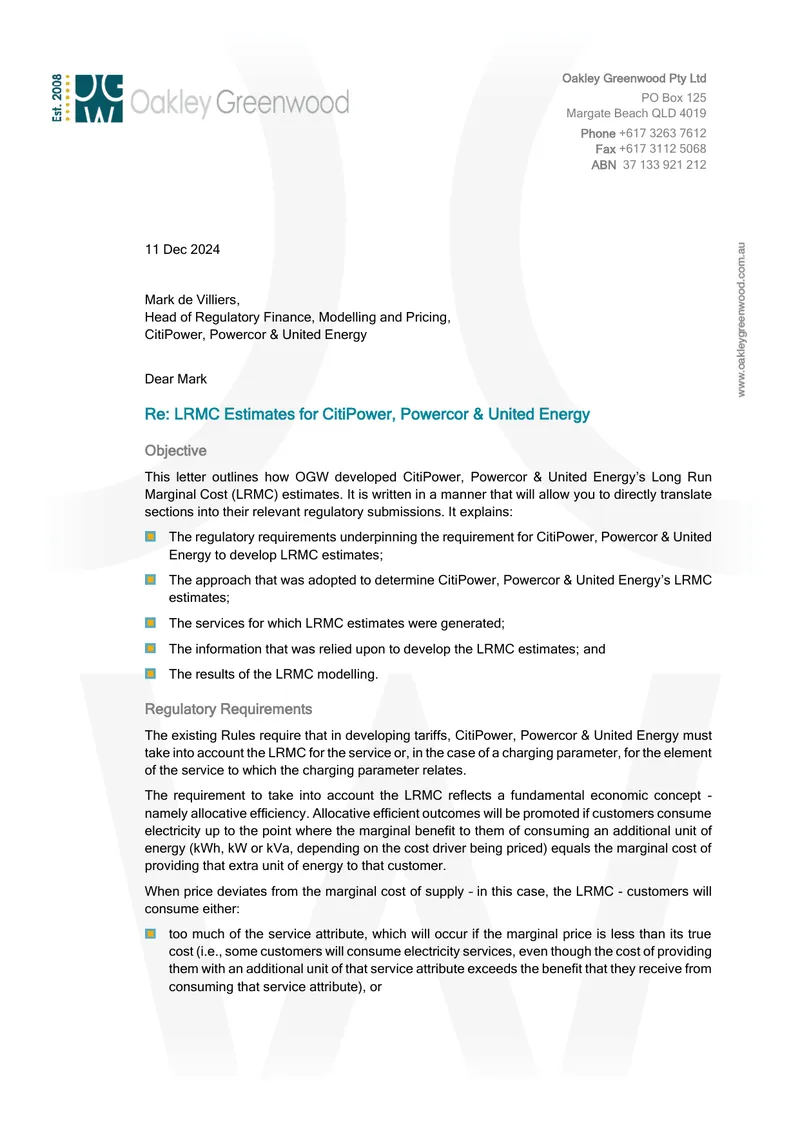 LRMC Estimates for CitiPower, Powercor & United Energy