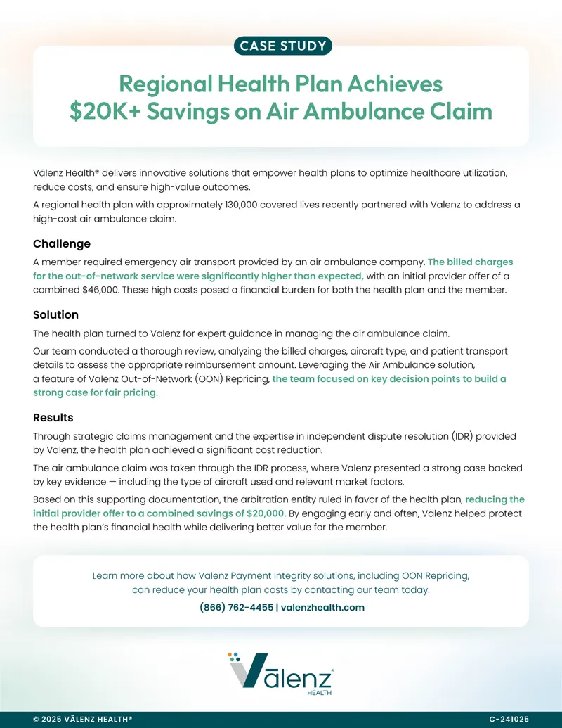 Regional Health Plan Air Ambulance Claim Case Study