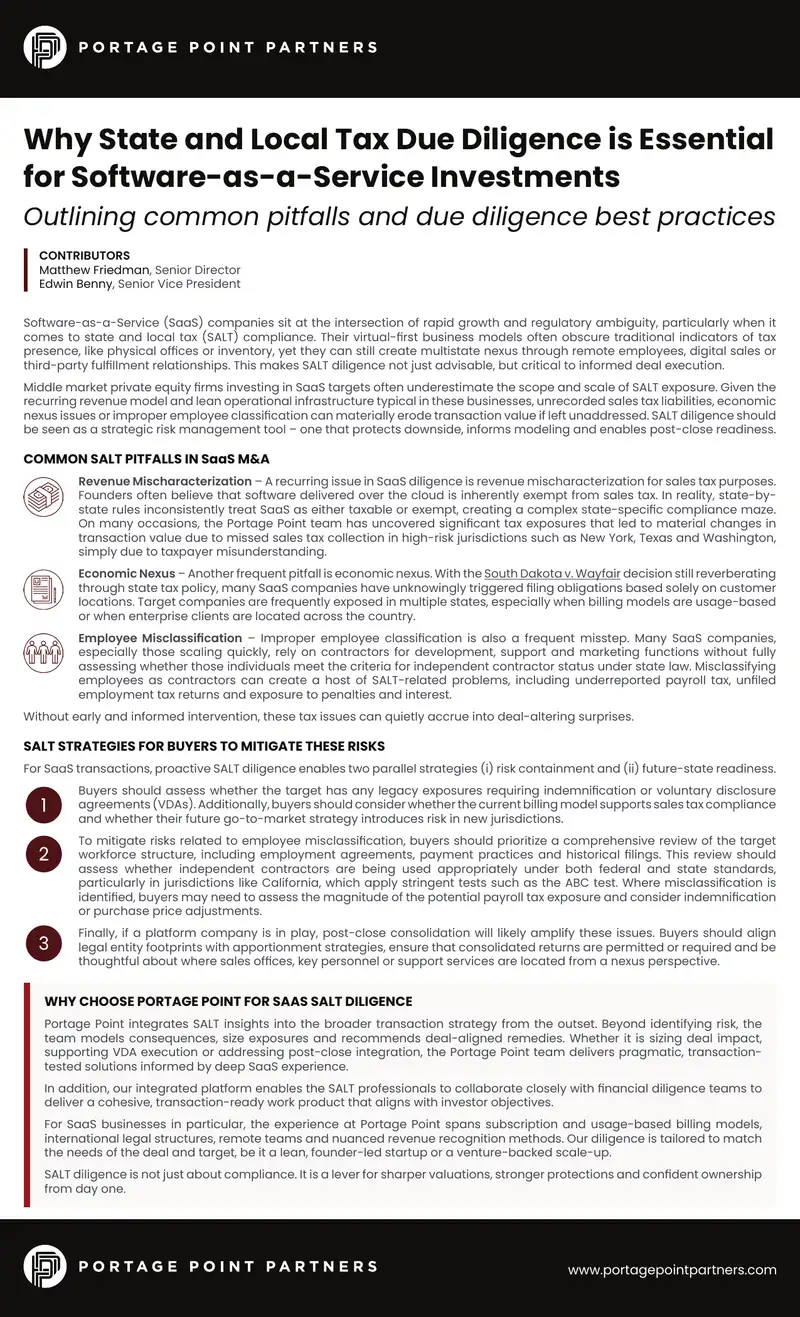 State and Local Tax Due Diligence for SaaS Investments