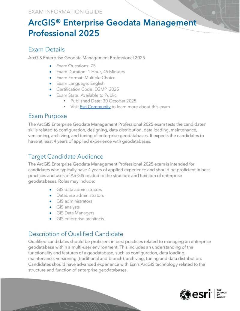ArcGIS Enterprise Geodata Management Professional 2025 Exam Information Guide