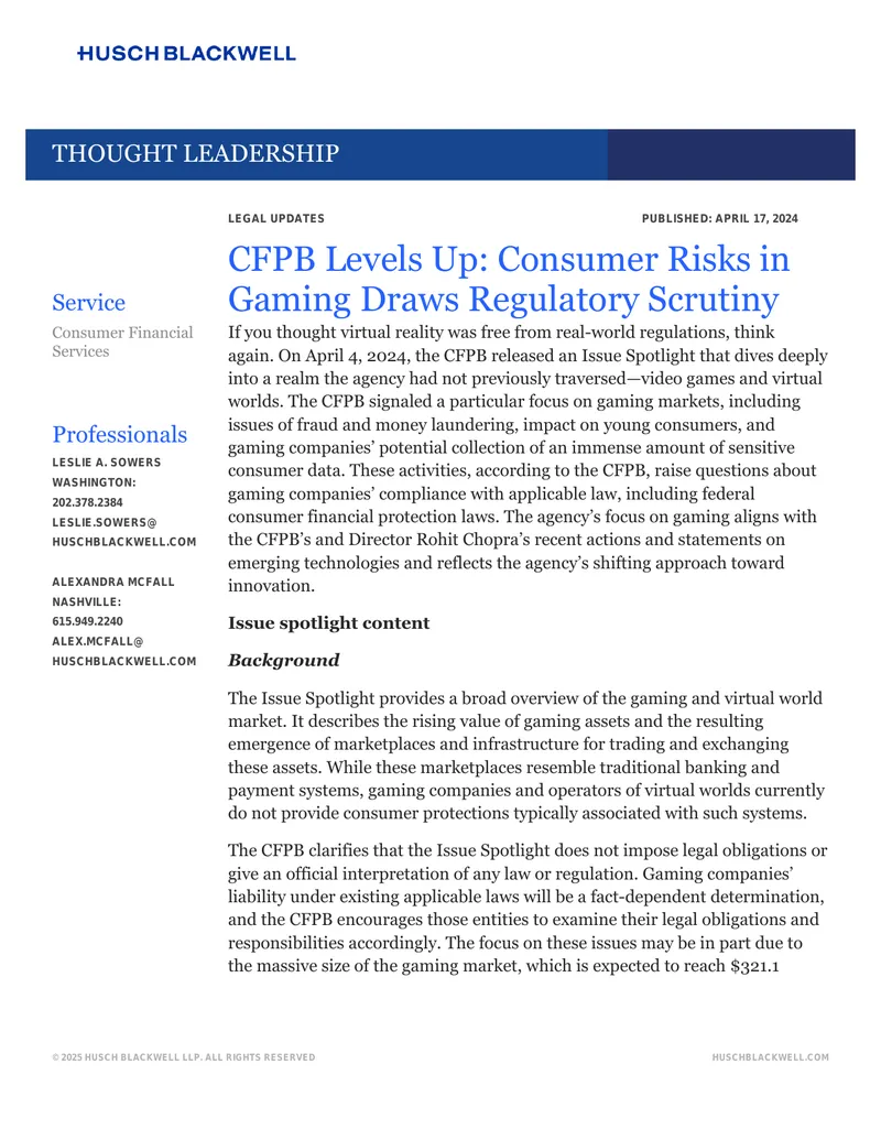 CFPB Regulatory Focus on Consumer Risks in Gaming