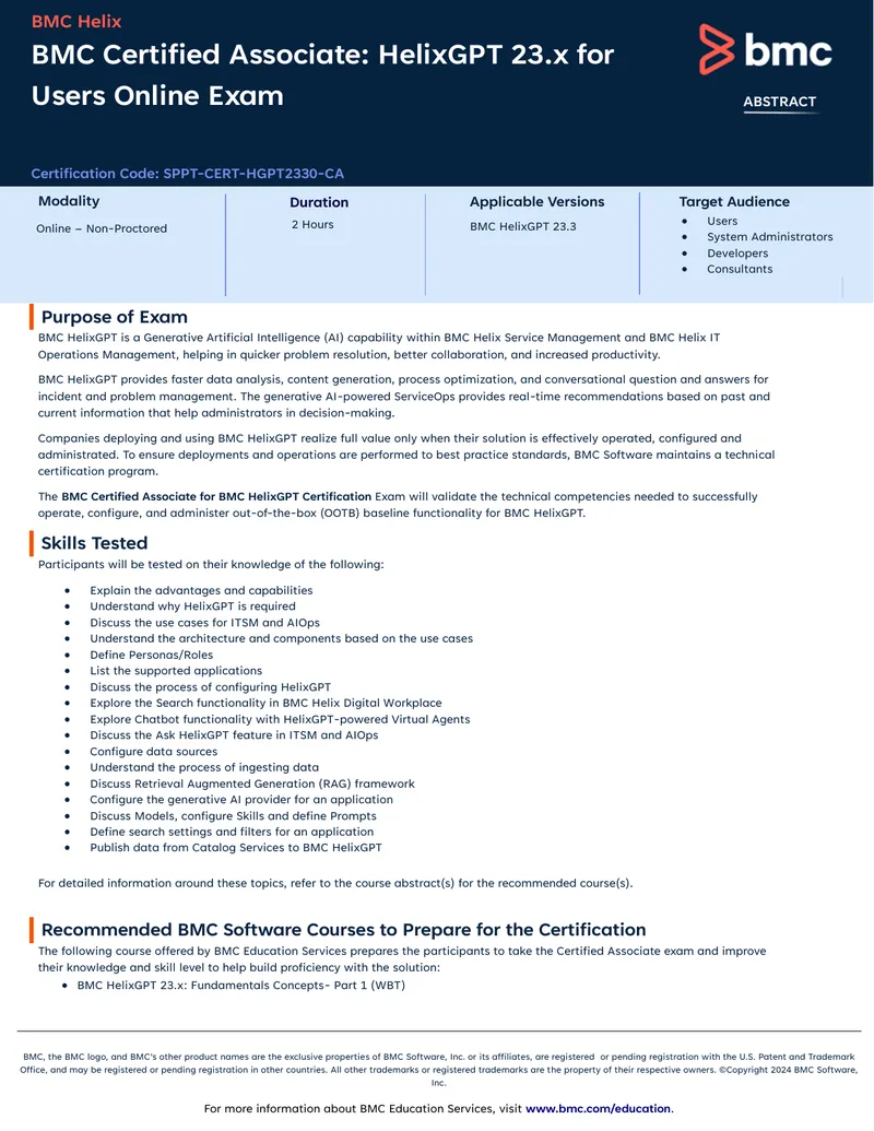 BMC HelixGPT Certified Associate Exam Guide