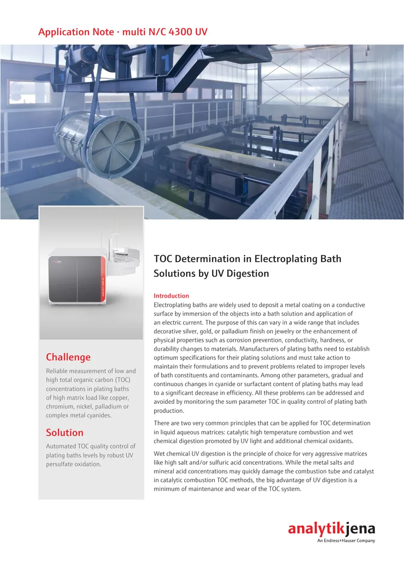 TOC Determination in Electroplating Bath Solutions by UV Digestion