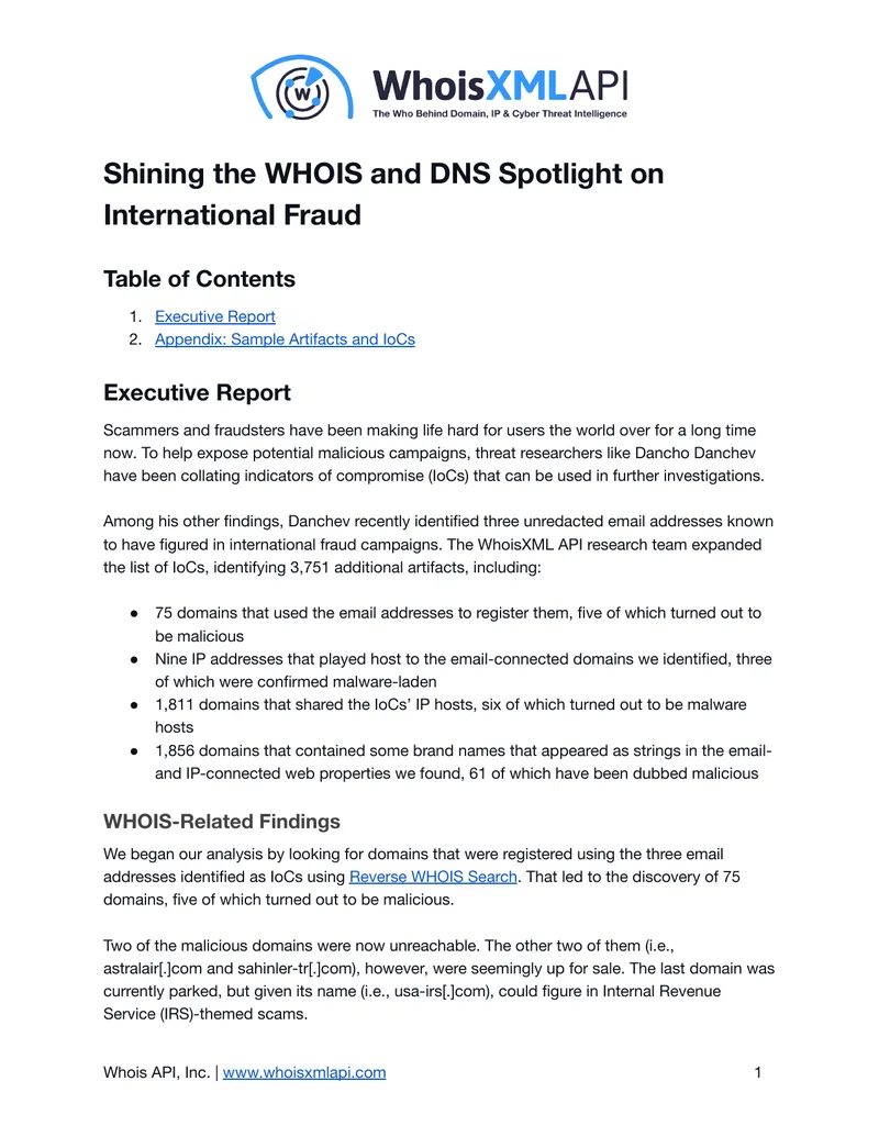 WHOIS and DNS Analysis of International Fraud