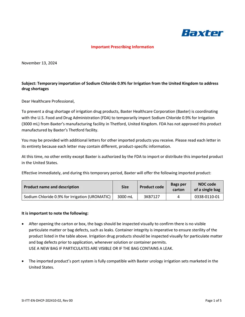 Temporary Importation of Sodium Chloride for Irrigation