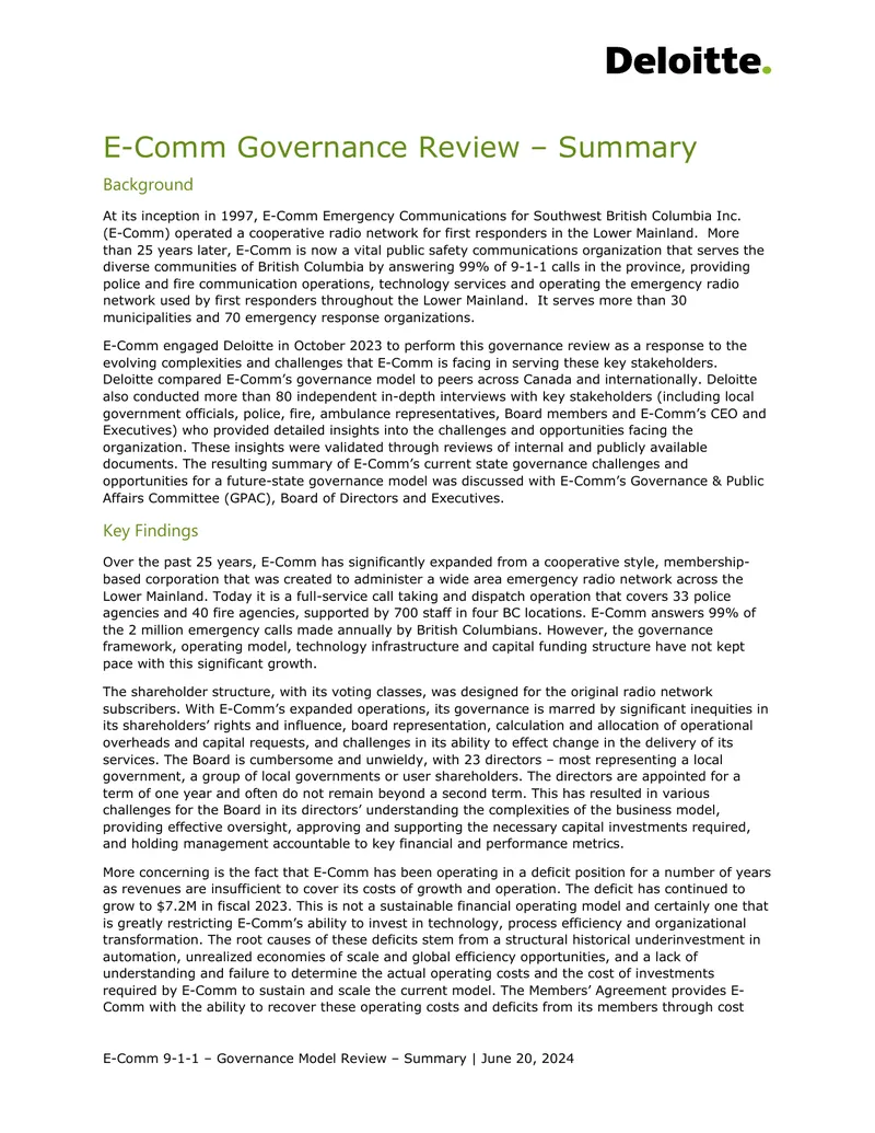 E-Comm 9-1-1 Governance Review Summary