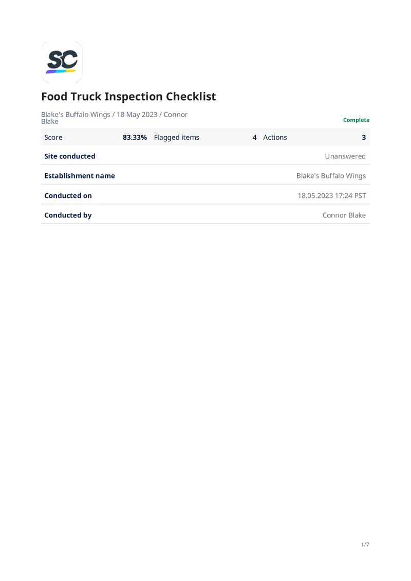 Food Truck Inspection Checklist Report
