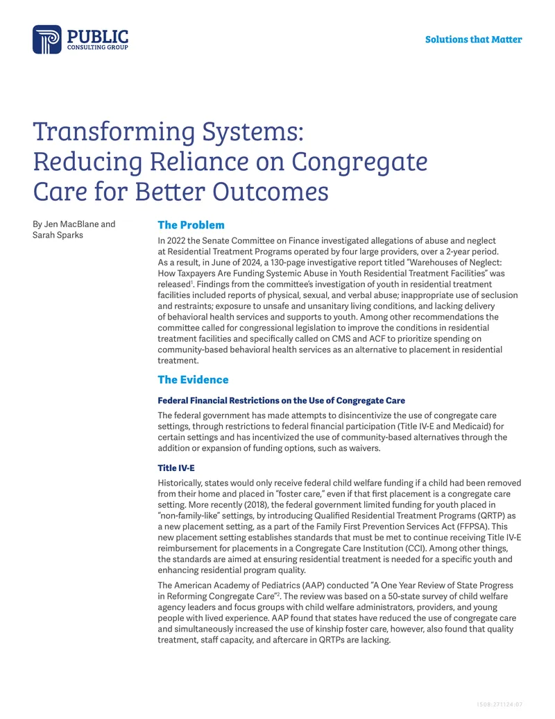 Transforming Systems to Reduce Reliance on Congregate Care