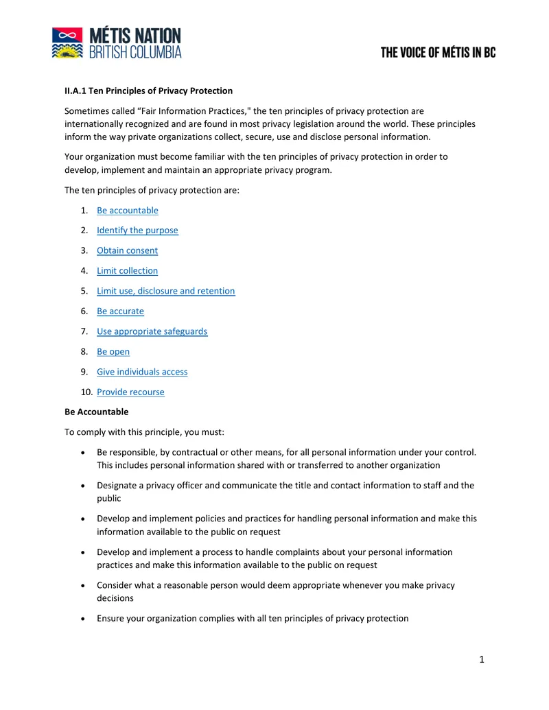 Ten Principles of Privacy Protection Guide