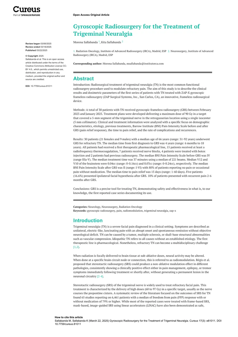 Gyroscopic Radiosurgery for Trigeminal Neuralgia Treatment
