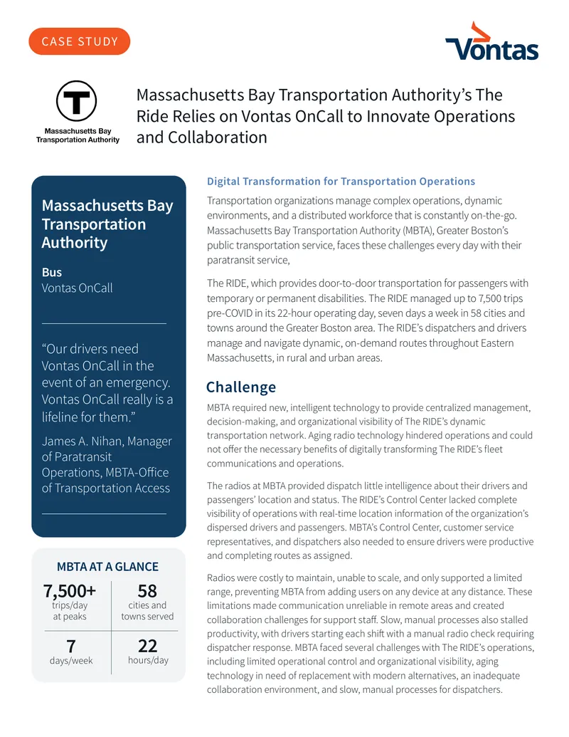 Massachusetts Bay Transportation Authority Case Study on Vontas OnCall