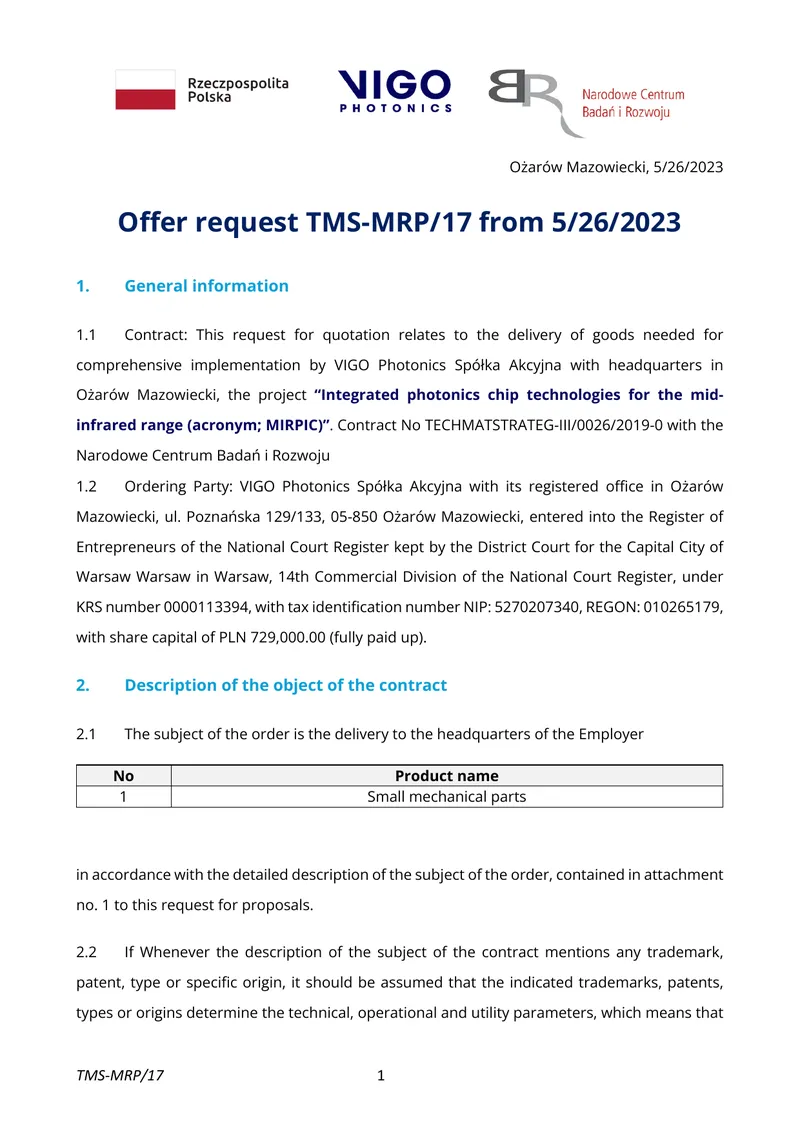 Request for Quotation TMS-MRP/17
