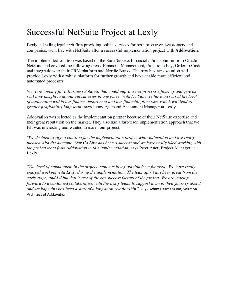 NetSuite Implementation Success at Lexly