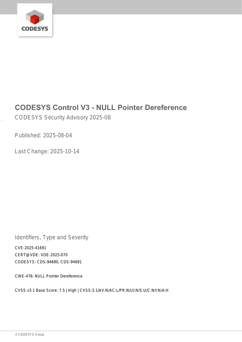 CODESYS Control V3 NULL Pointer Dereference Advisory