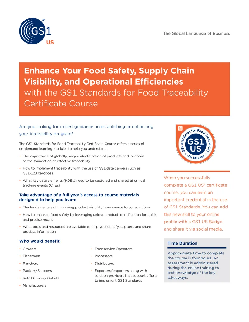 GS1 Standards for Food Traceability Certificate Course