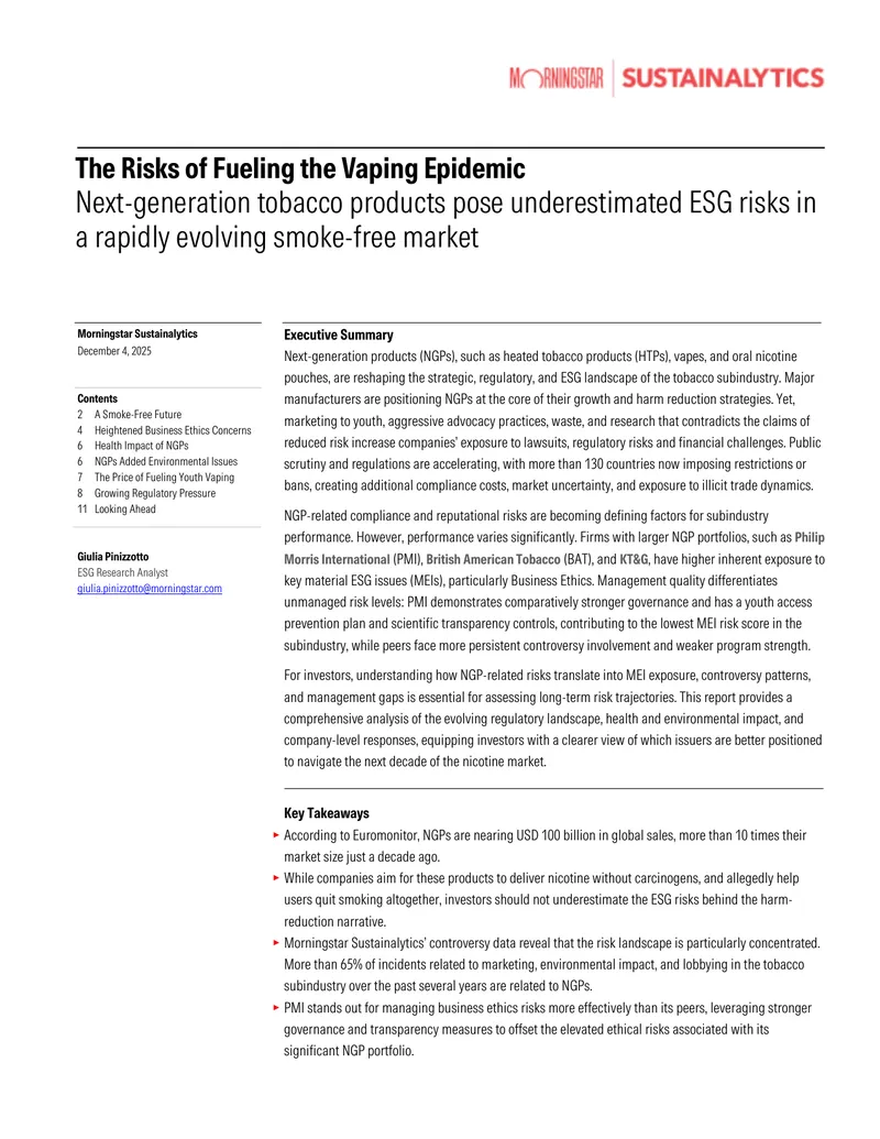 ESG Risks Associated with Next-Generation Tobacco Products