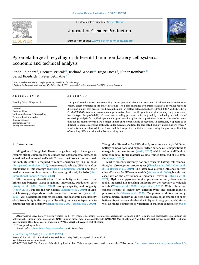 Economic and Technical Analysis of Lithium-Ion Battery Recycling