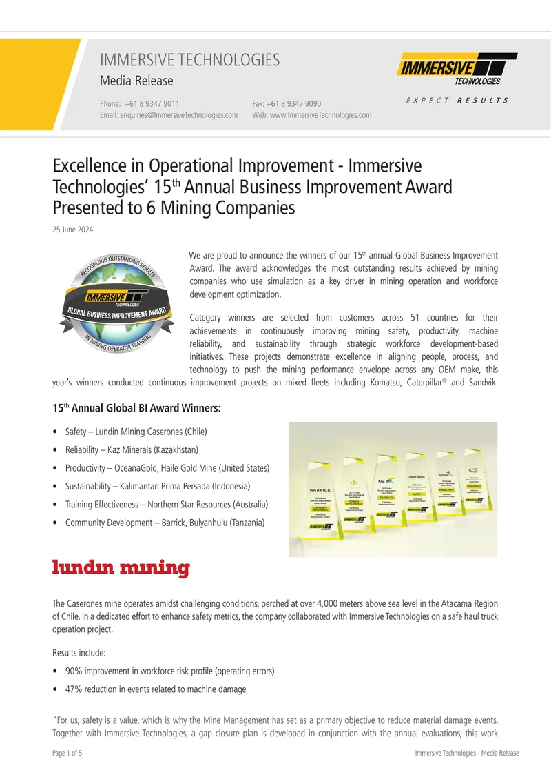 15th Annual Business Improvement Award Winners in Mining