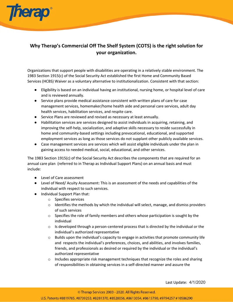 Therap's Commercial Off The Shelf System Overview