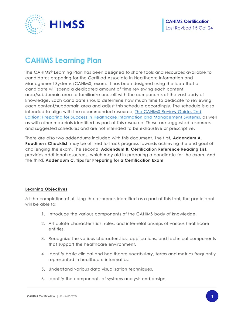 CAHIMS Certification Learning Plan Overview