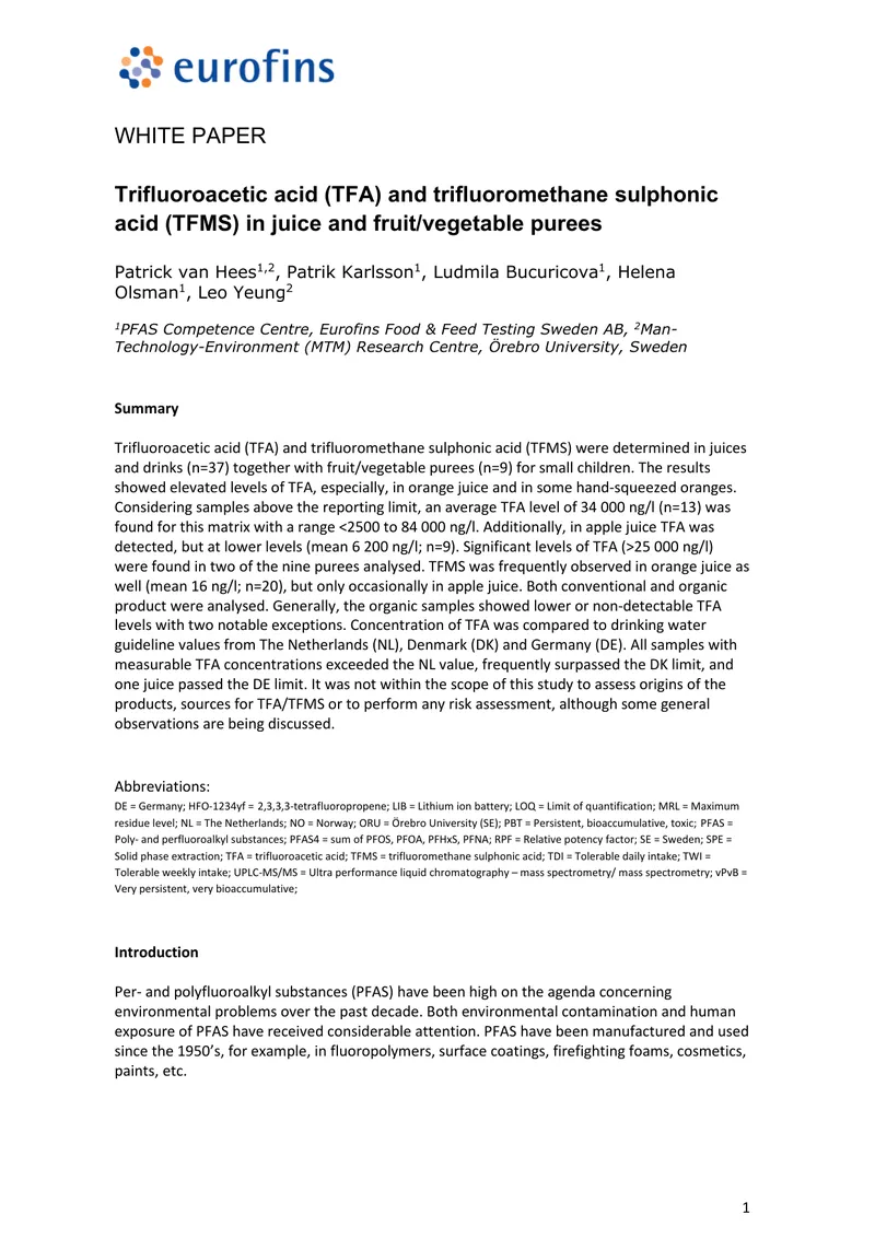 Presence of TFA and TFMS in Juices and Purees