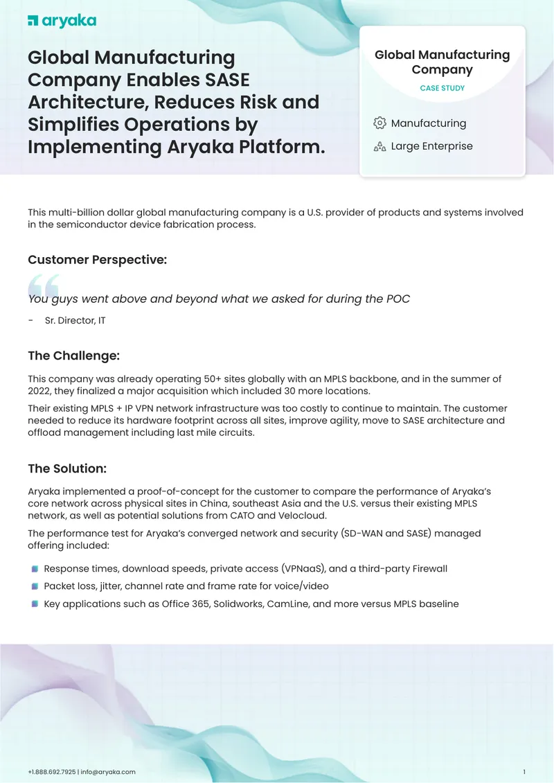 Global Manufacturing Company Implements Aryaka SASE Architecture