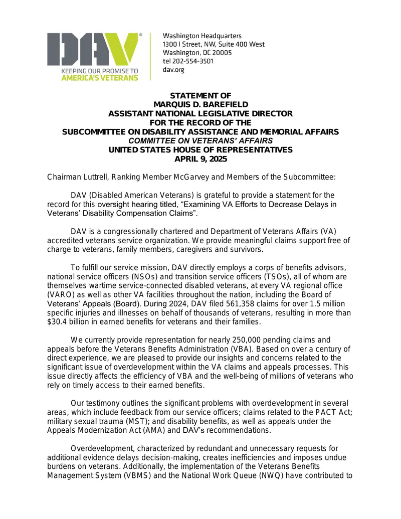 Statement on VA Disability Compensation Claims Delays