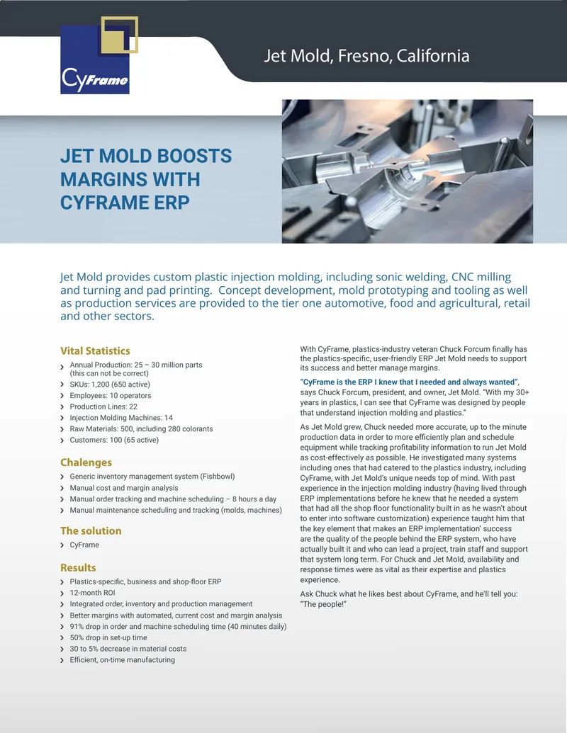 Jet Mold Enhances Operations with CyFrame ERP