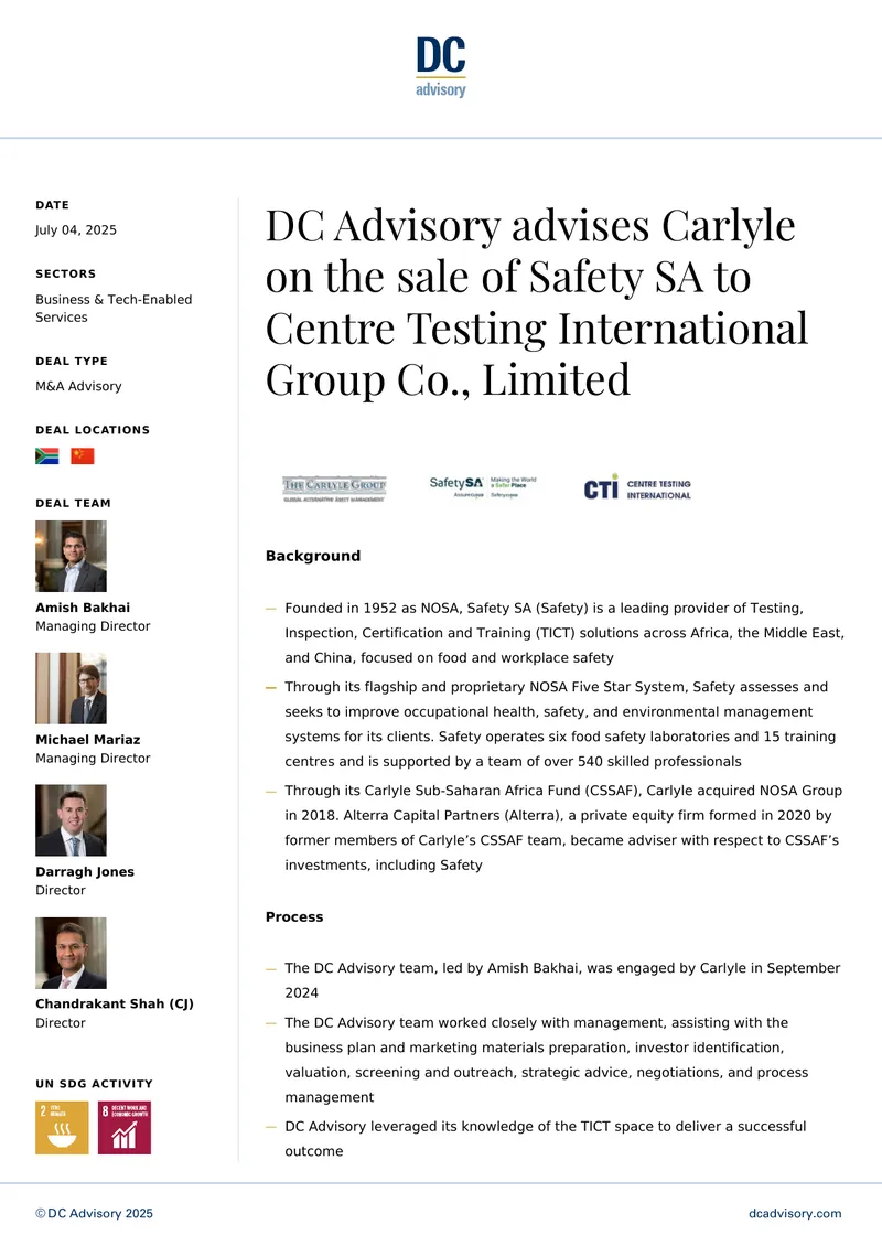 M&A Advisory for Safety SA Sale to CTI