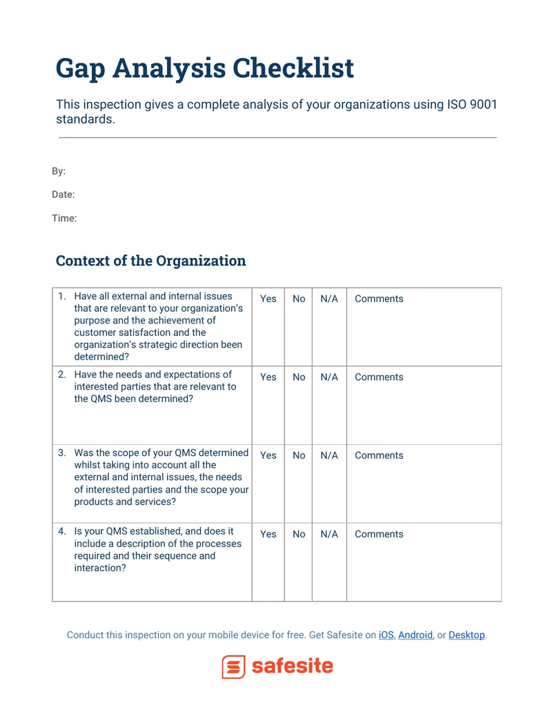 Gap Analysis Checklist for ISO 9001 Standards