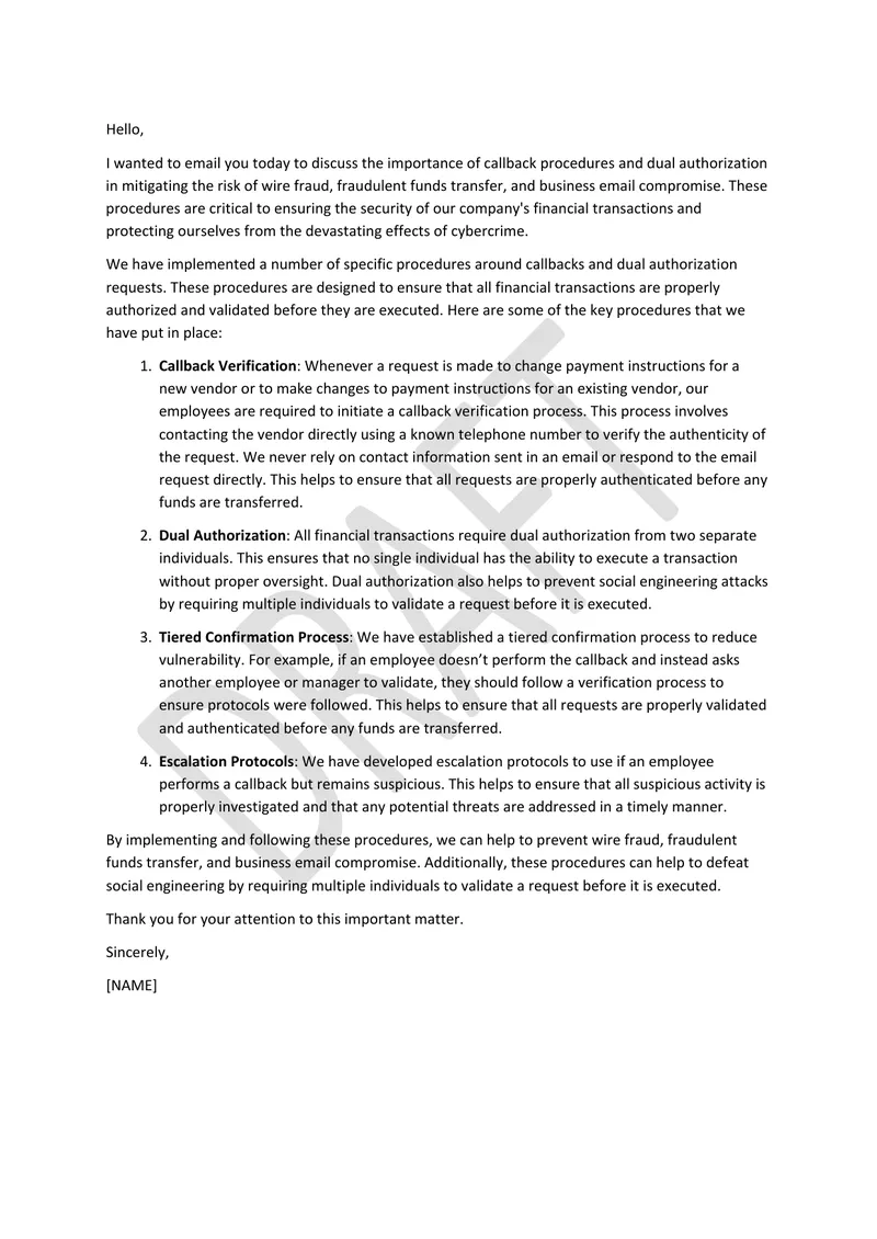 Callback Procedures and Dual Authorization for Fraud Prevention