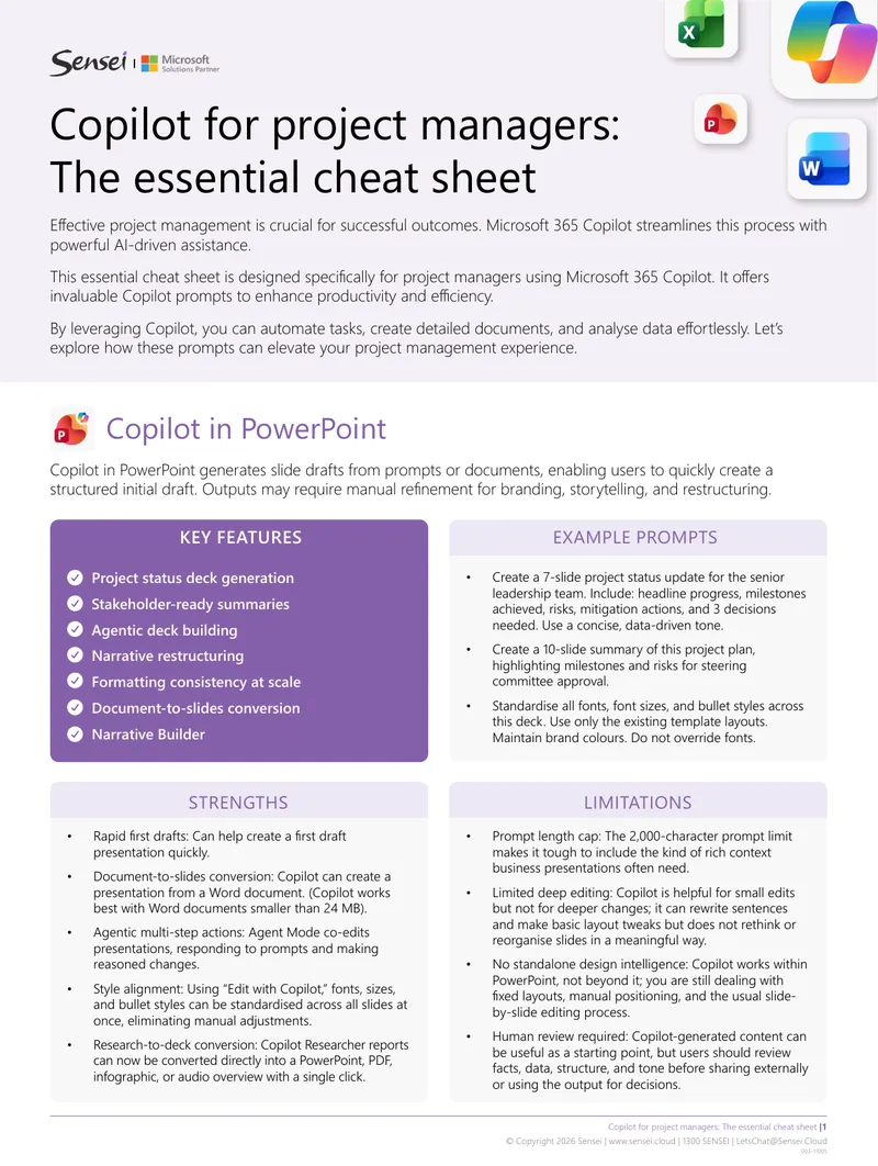 Copilot for Project Managers Cheat Sheet