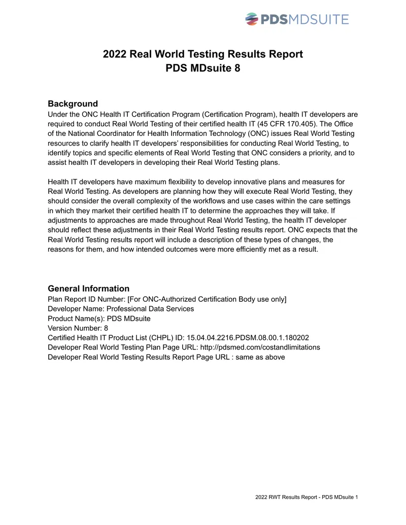 2022 Real World Testing Results Report for PDS MDsuite