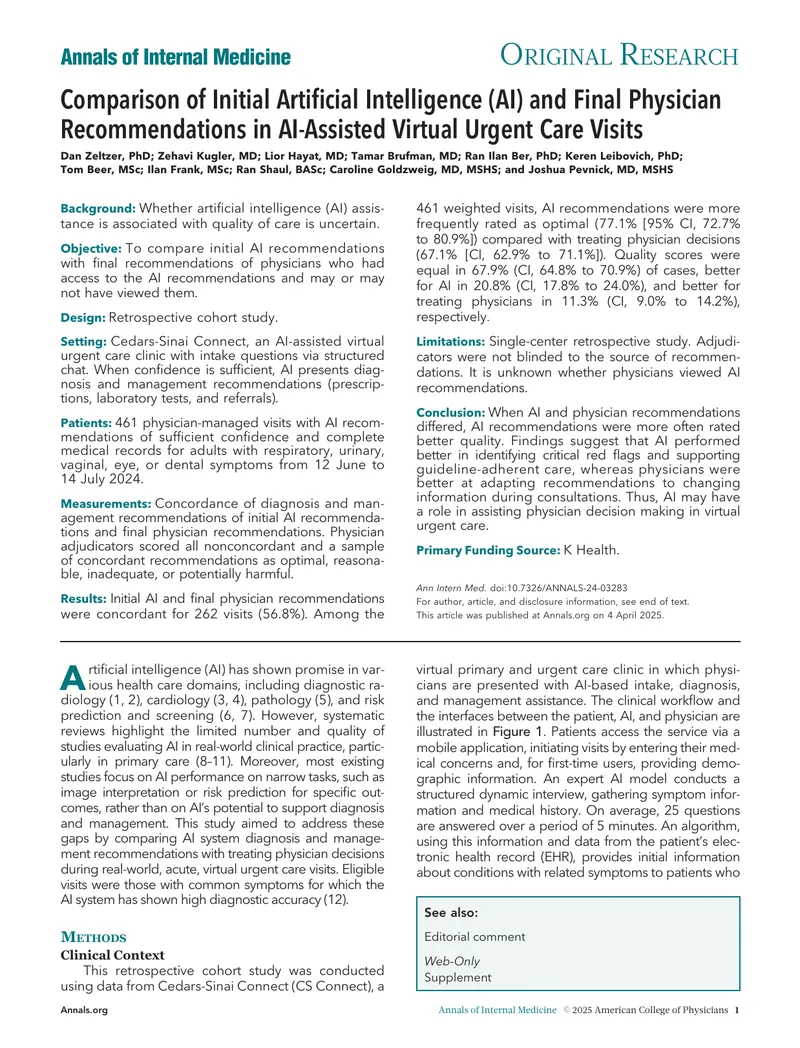 Comparison of AI and Physician Recommendations in Virtual Care