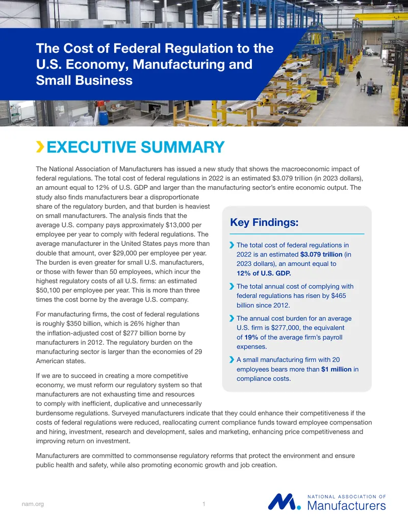 Cost of Federal Regulation on Manufacturing Sector