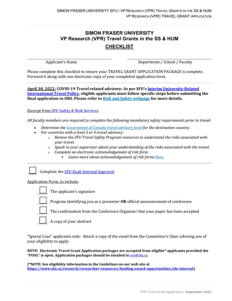 VP Research Travel Grant Application Guidelines