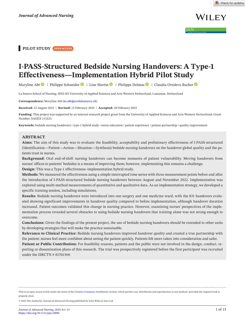 I-PASS-Structured Bedside Nursing Handovers Pilot Study