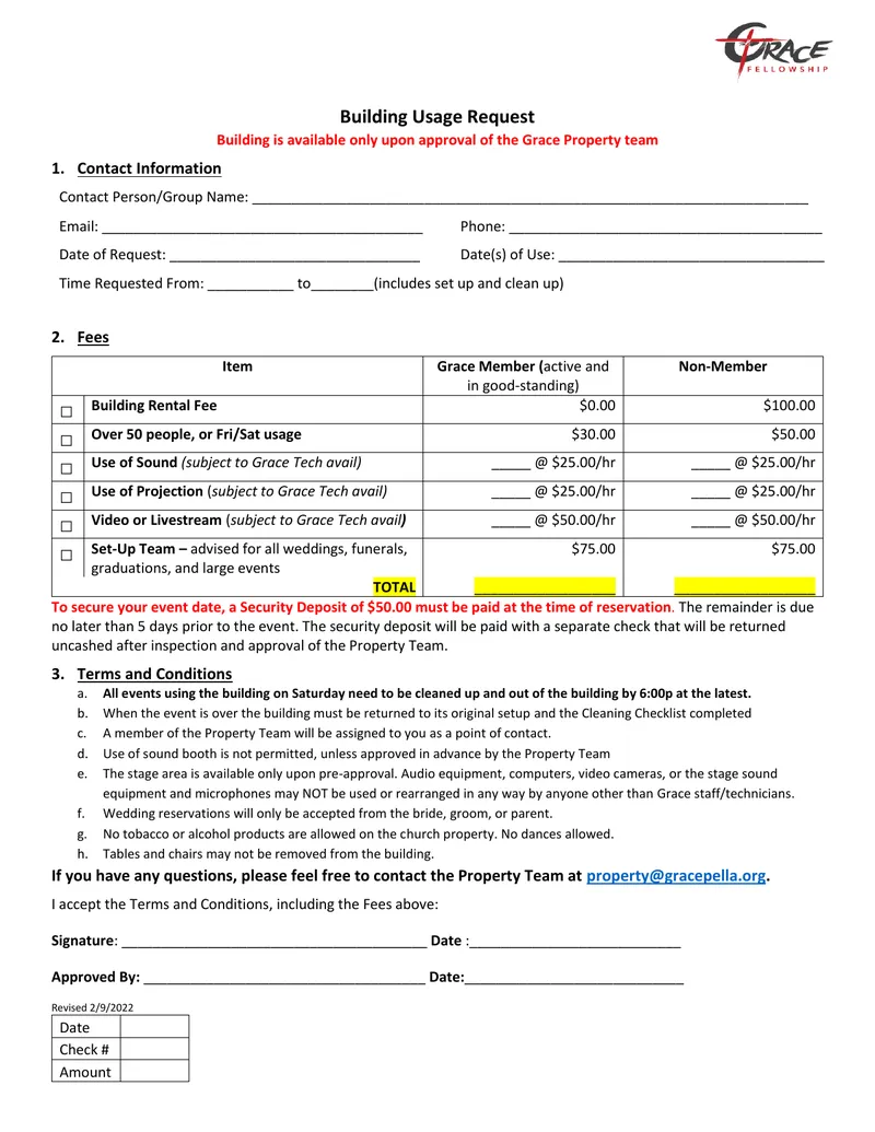 Building Usage Request and Cleaning Checklist