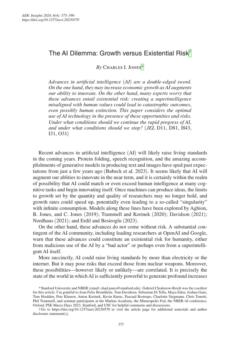 The AI Dilemma: Growth versus Existential Risk