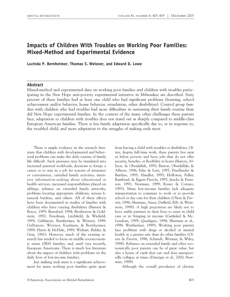 Impacts of Children With Troubles on Working Poor Families